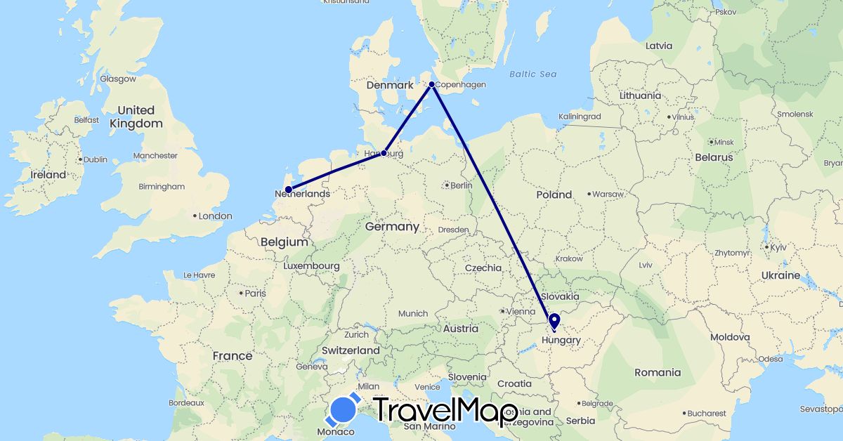 TravelMap itinerary: driving in Germany, Denmark, Hungary, Netherlands (Europe)